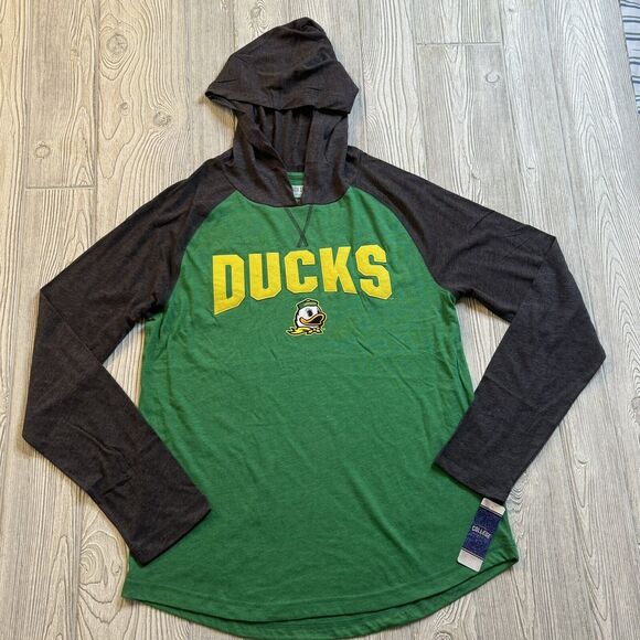 Oregon Ducks Logo LS Raglan Hooded Tee Men’s L Green Gray Box Seat NWT - Picture 1 of 11